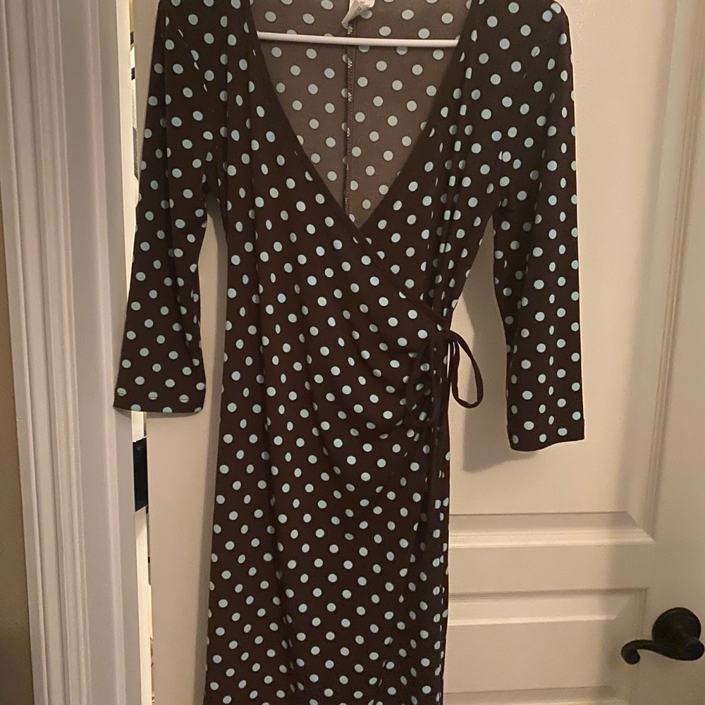 Blue and baby blue polka dot wrap dress.